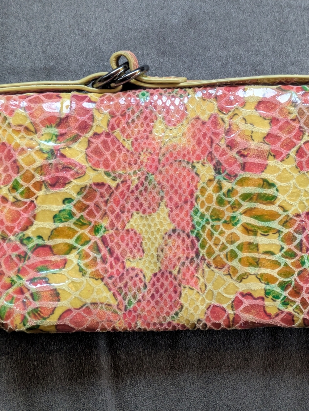 HOBO Floral Pattern Pink/Yellow Wristlet Zipper Clutch,Embossed Snakeskin Detail